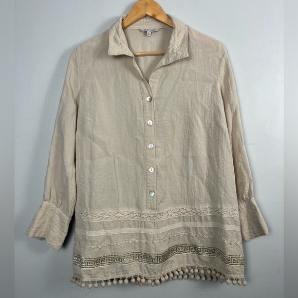 John Mark Women’s Tunic Blouse Beige Boho Pom Pom Trim Top Blouse Embellished S - Picture 1 of 8